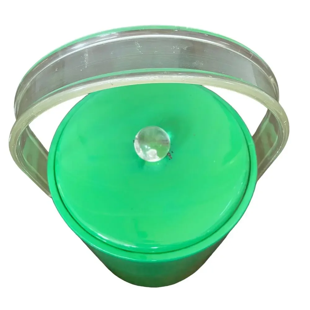 Mid Century Ice Bucket Lucite Handle & Knob Green Padded Vinyl Vintage FLAW